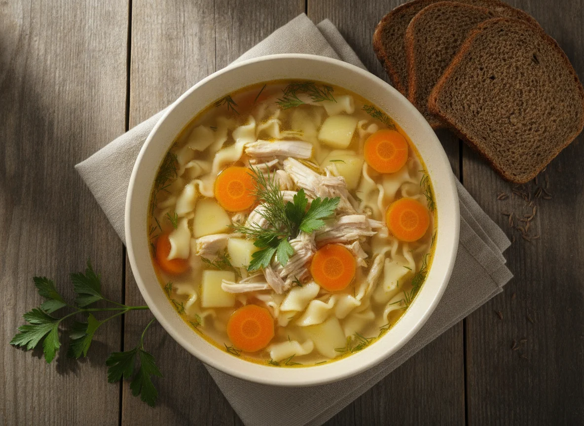Куриный суп с лапшой и картофелем с ржаным хлебом photo