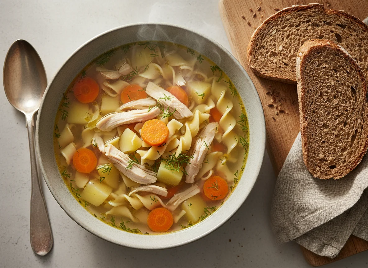 Куриный суп с лапшой и ржаной хлеб photo