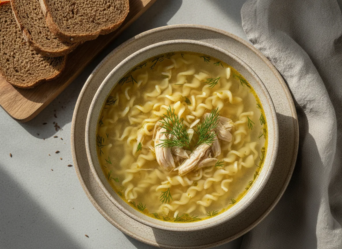 Куриный суп с лапшой и ржаным хлебом photo