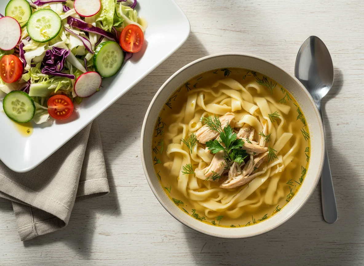 Куриный суп с лапшой и салат из капусты photo