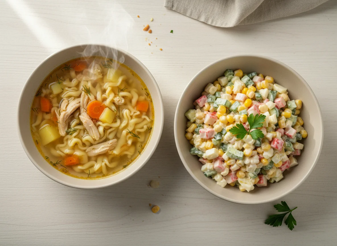 Куриный суп с лапшой и салат с крабовыми палочками photo