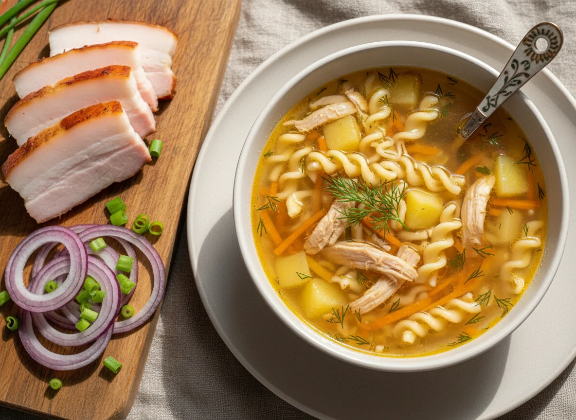Куриный суп с лапшой и сало с луком photo