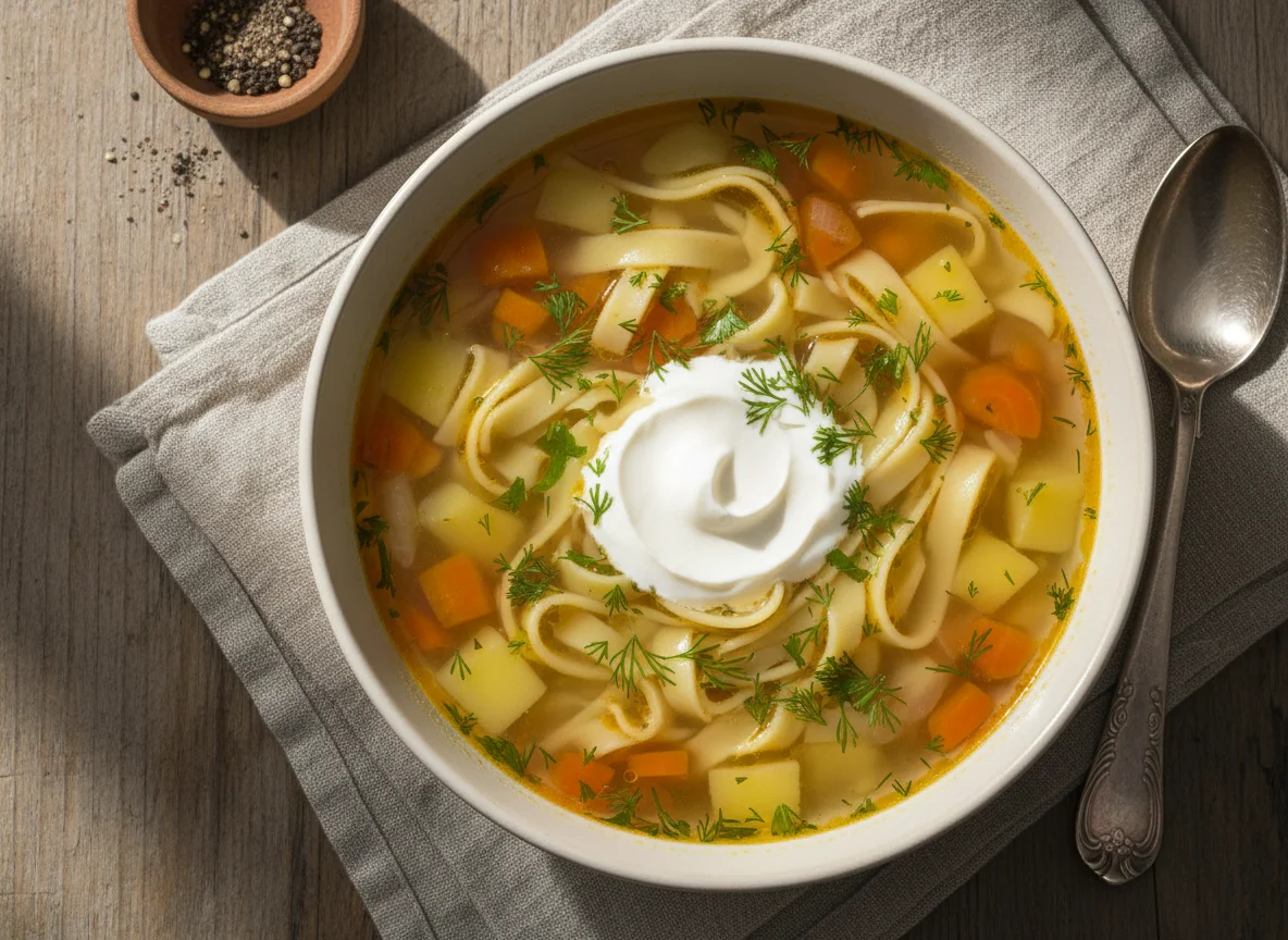 Куриный суп с лапшой и сметаной photo