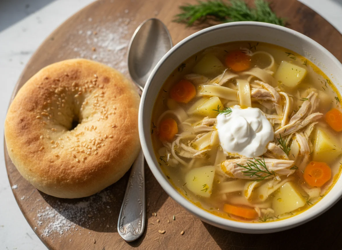 Куриный суп с лапшой и сметаной с лепешкой photo