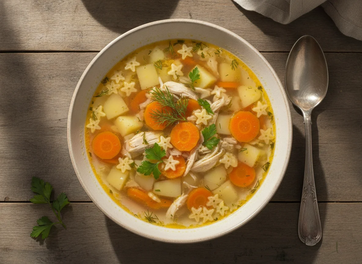 Куриный суп с макаронами-звездочками photo