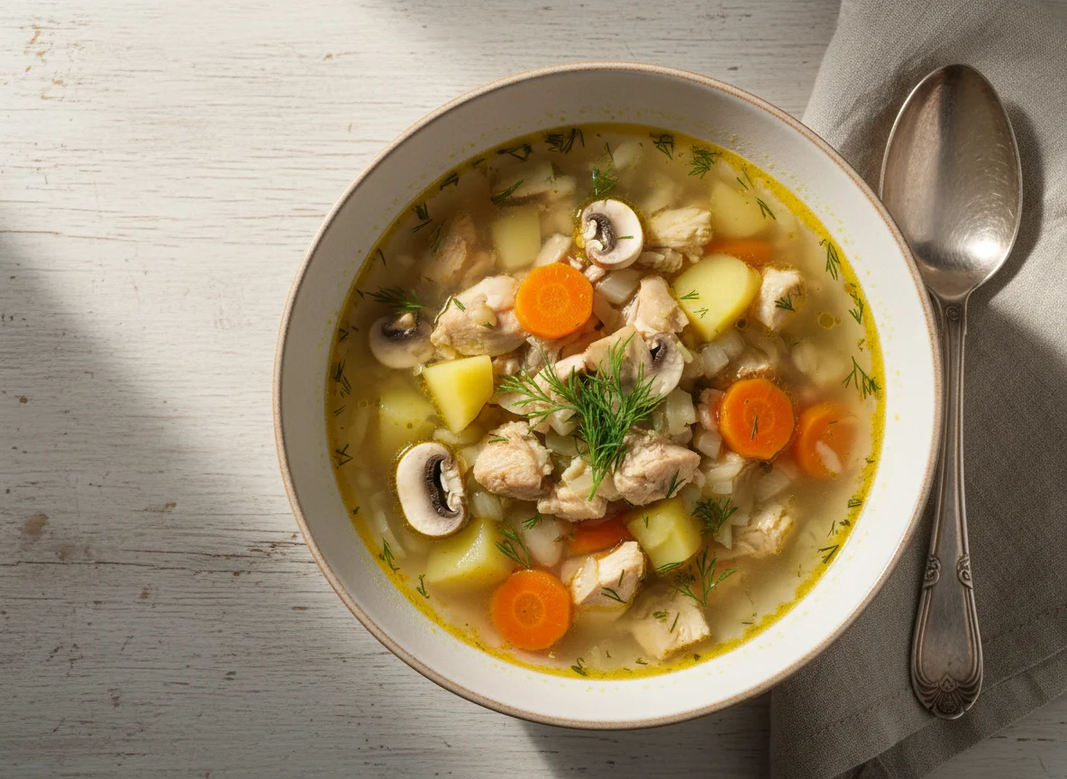 Куриный суп с овощами и грибами photo