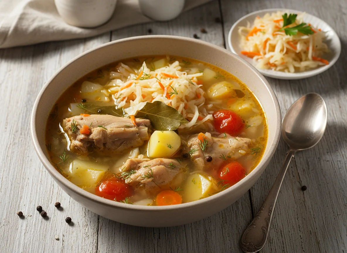 Куриный суп с овощами и квашеная капуста photo