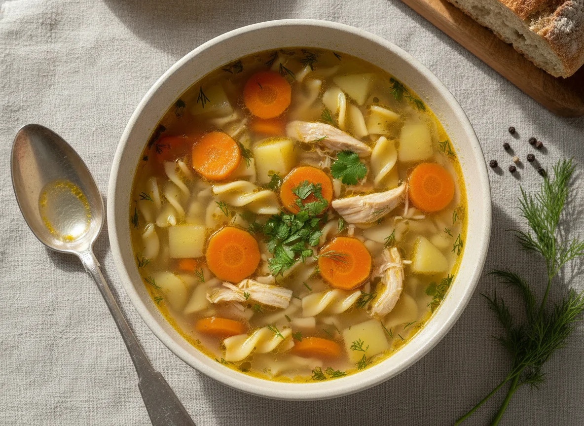 Куриный суп с овощами и лапшой photo