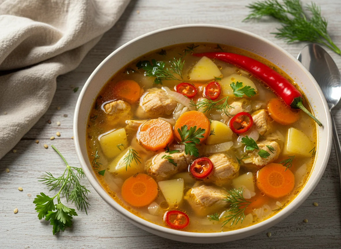 Куриный суп с овощами и перцем чили photo