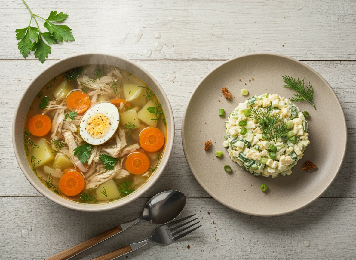 Куриный суп с овощами и салат из яиц с овощами photo