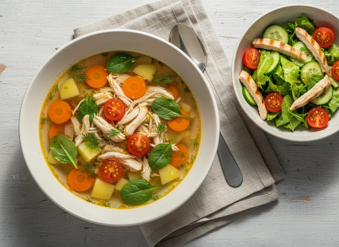 Куриный суп с овощами и салат photo