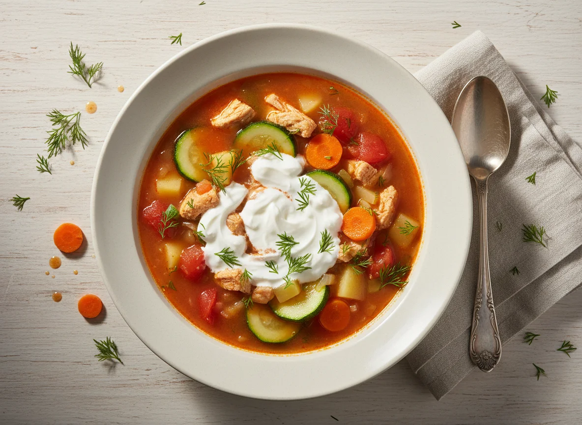 Куриный суп с овощами и сметаной photo