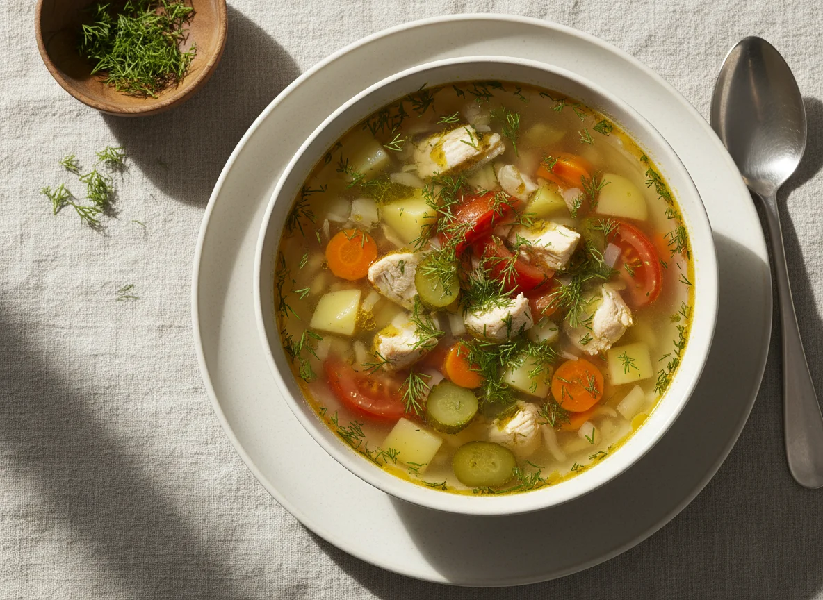 Куриный суп с овощами и укропом photo