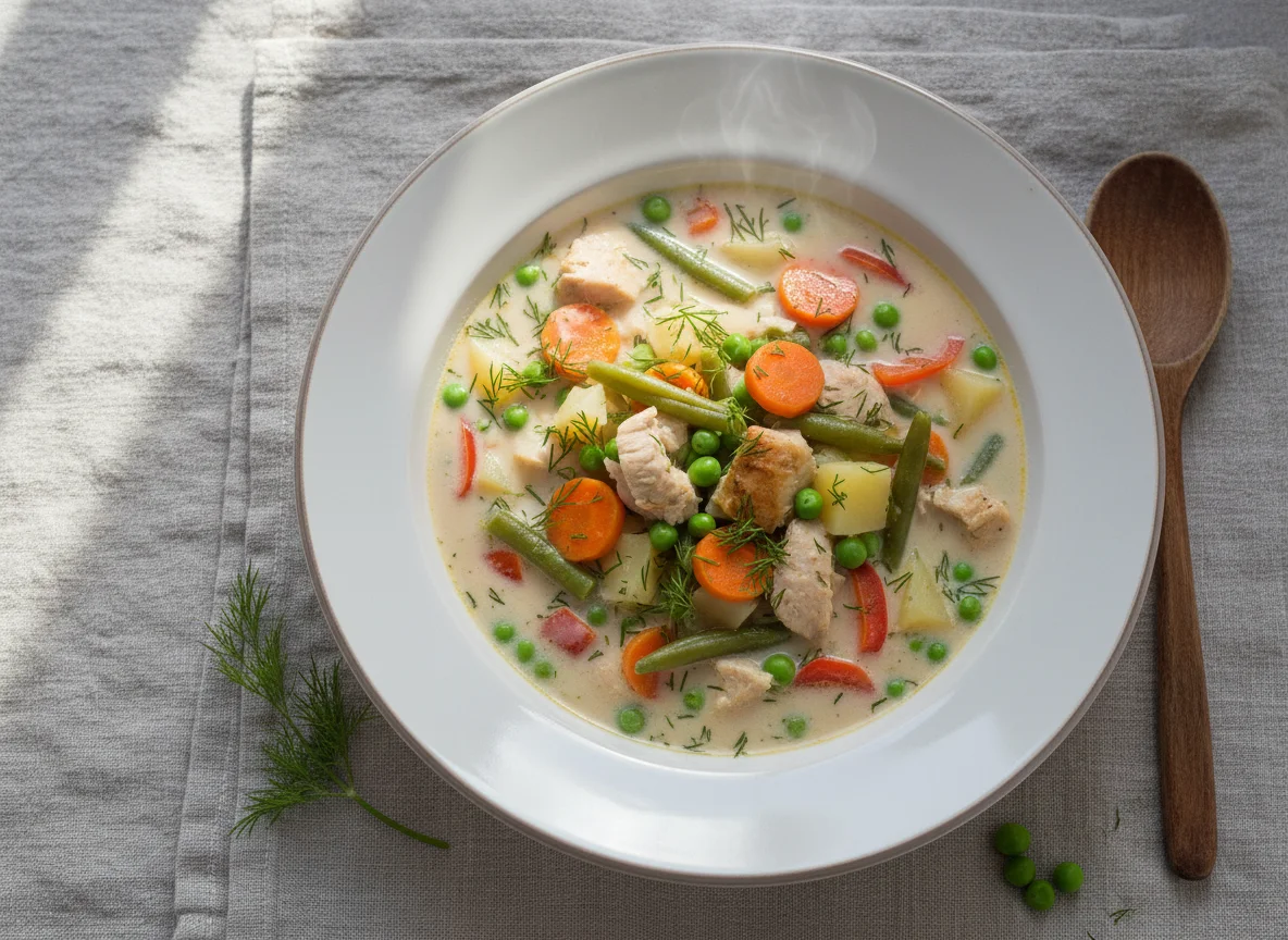 Куриный суп с овощами в сливочном соусе photo