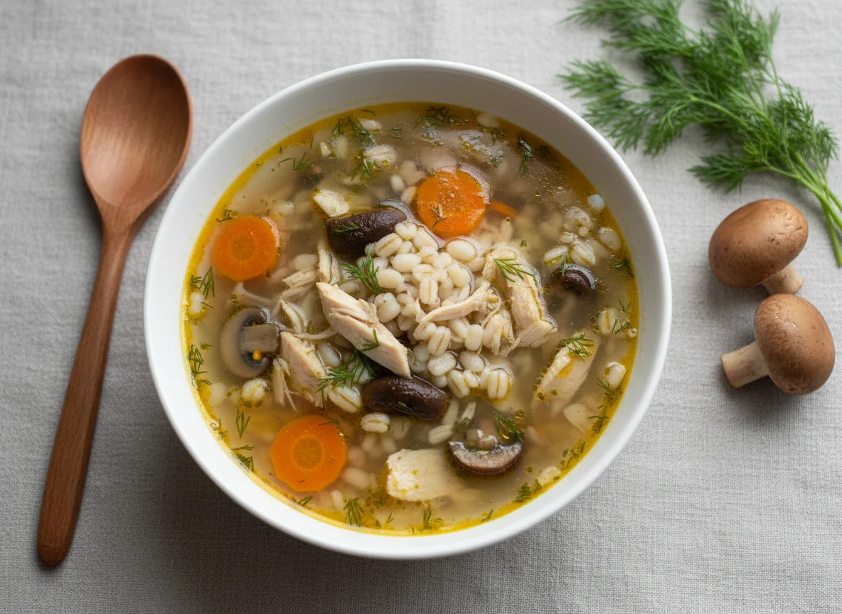 Куриный суп с перловкой и грибами photo
