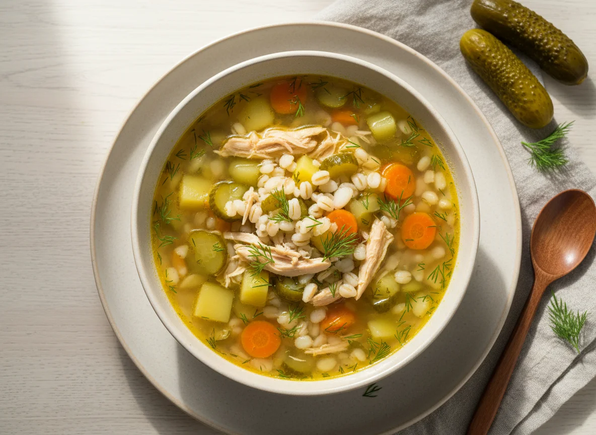 Куриный суп с перловкой и солеными огурцами photo