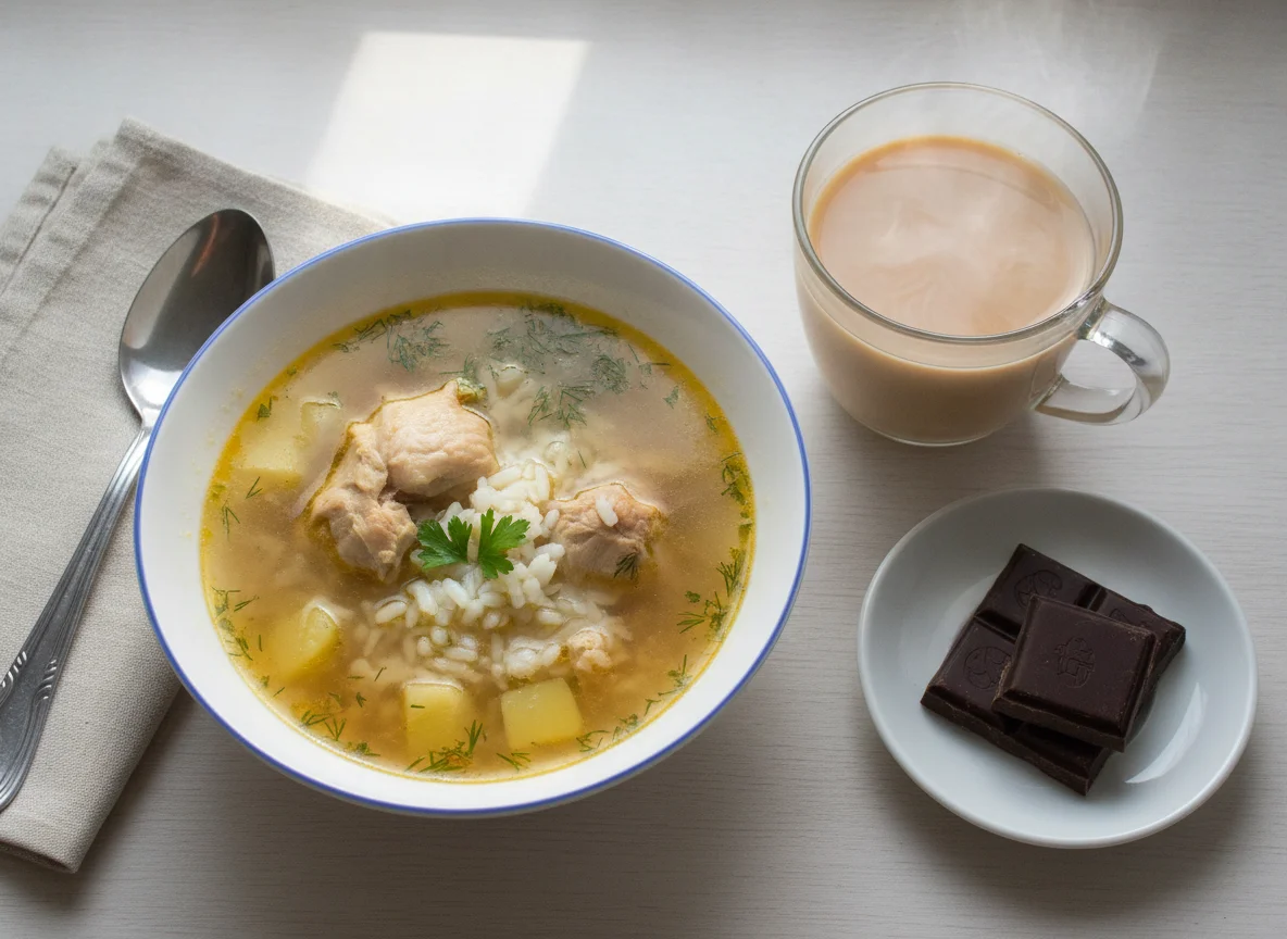 Куриный суп с рисом, чай с молоком и шоколад photo