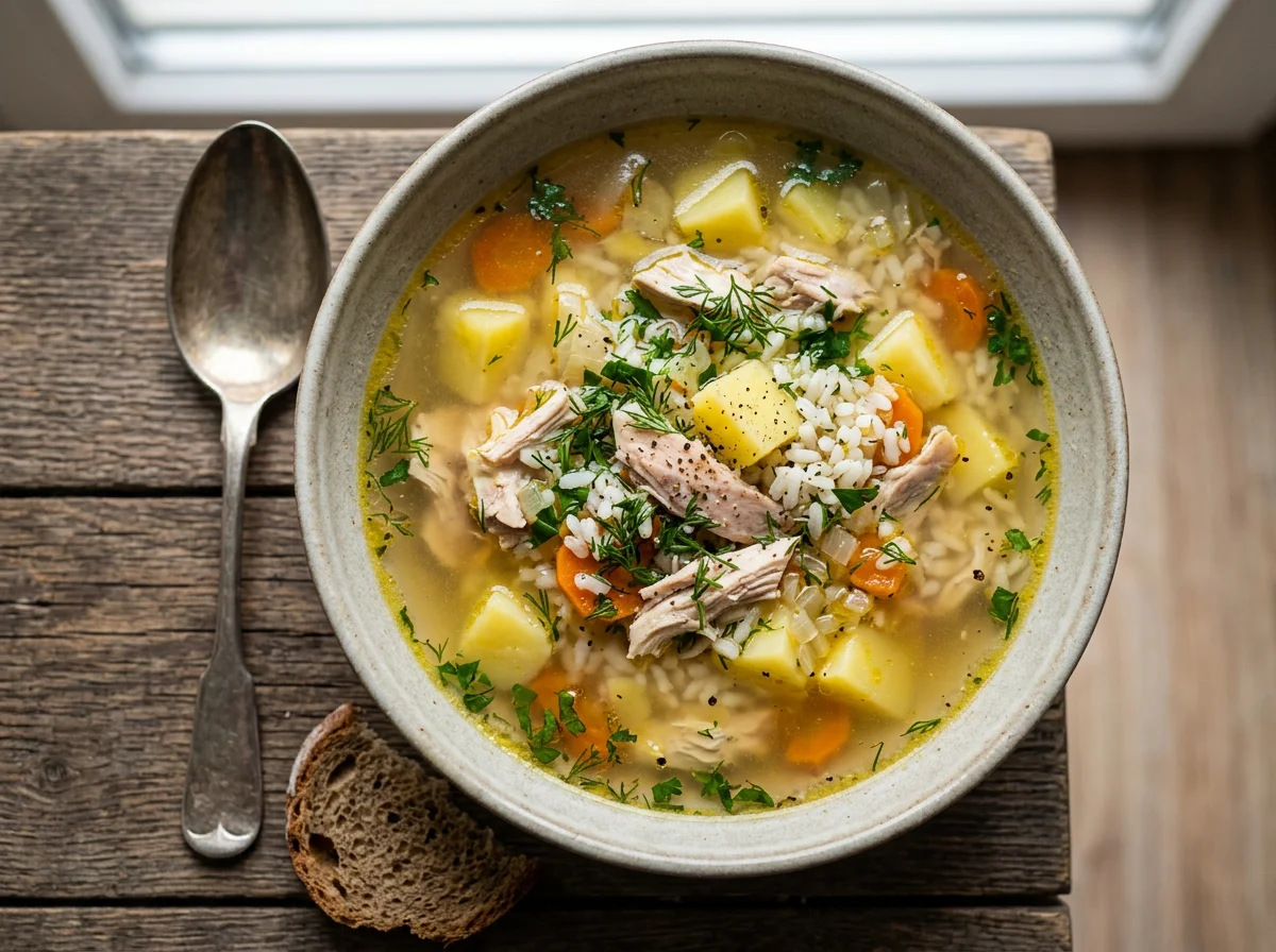 Куриный суп с рисом и картофелем photo