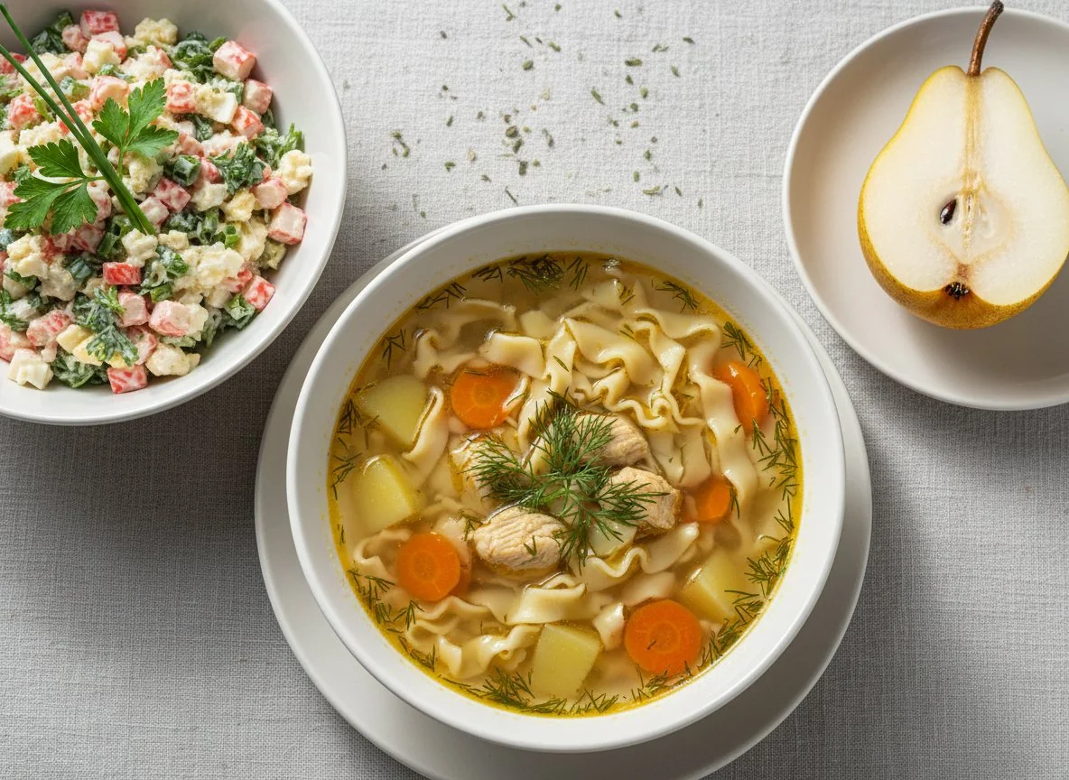 Куриный суп, салат с крабовыми палочками и груша photo