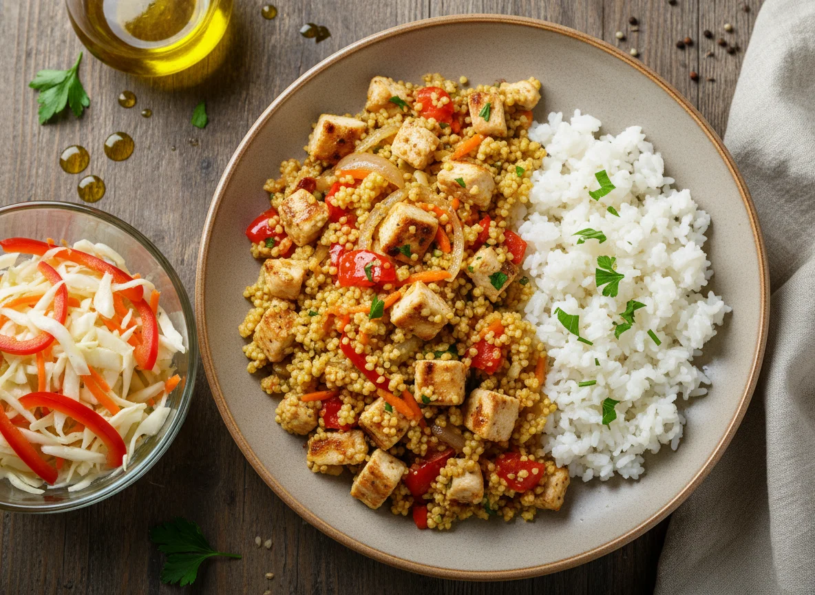 Кускус с курицей и овощами и салат из капусты photo