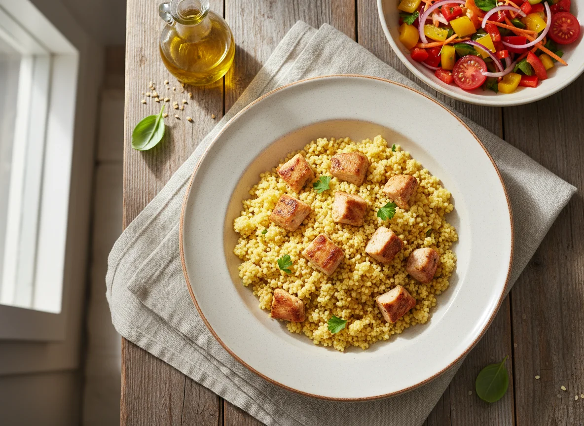 Кускус с курицей и овощной салат photo