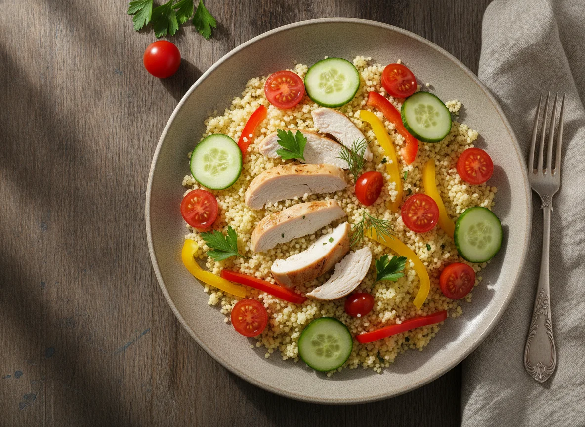 Кускус с курицей и свежими овощами photo