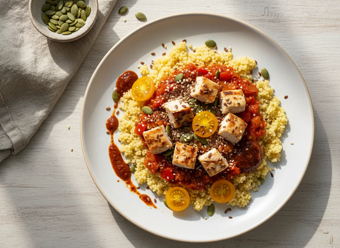 Кускус с курицей, семенами и томатами photo