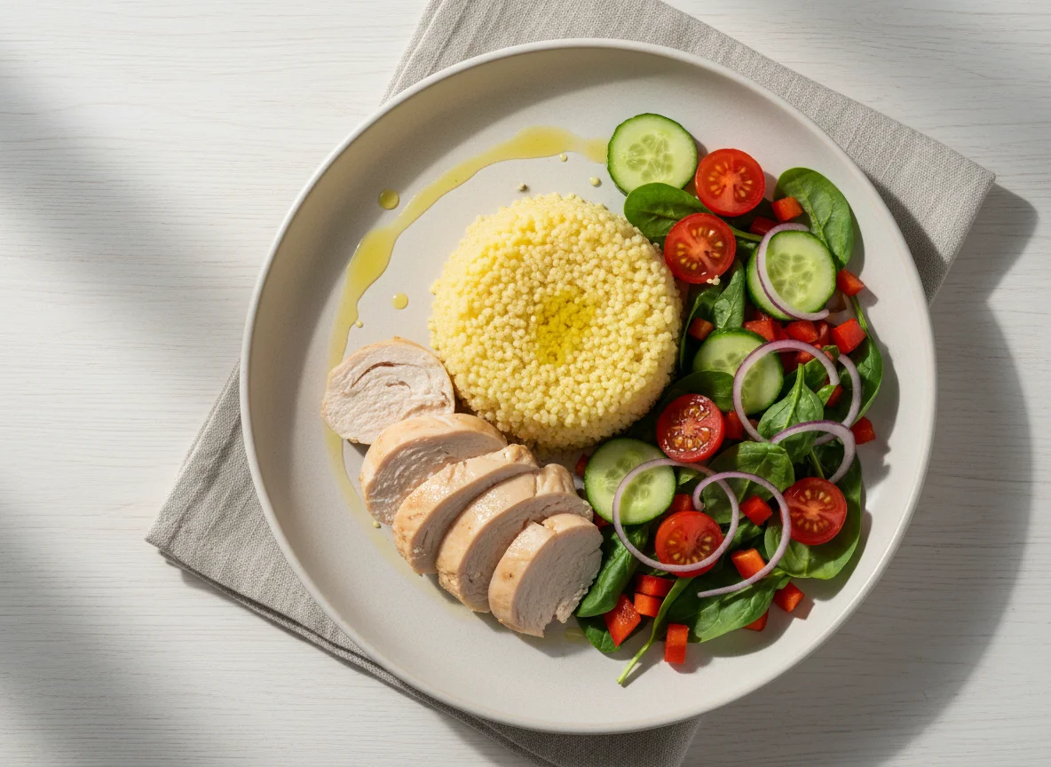 Кускус с куриной грудкой и овощным салатом photo