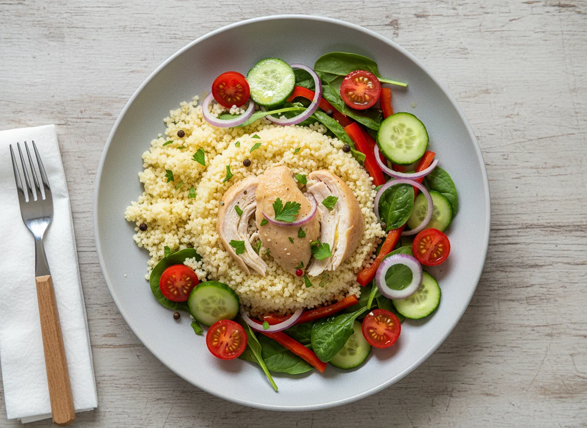 Кускус с куриным бедром и овощным салатом photo