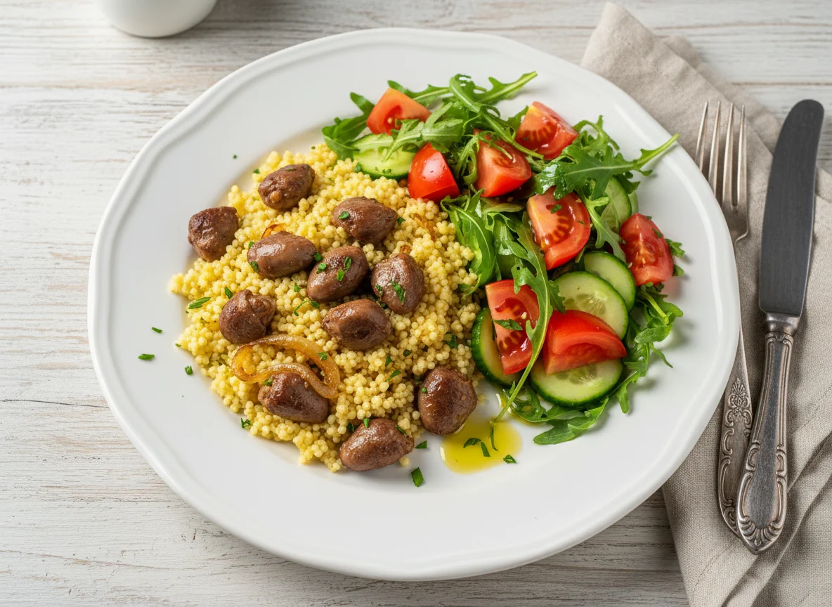 Кускус с куриными сердечками и овощной салат photo