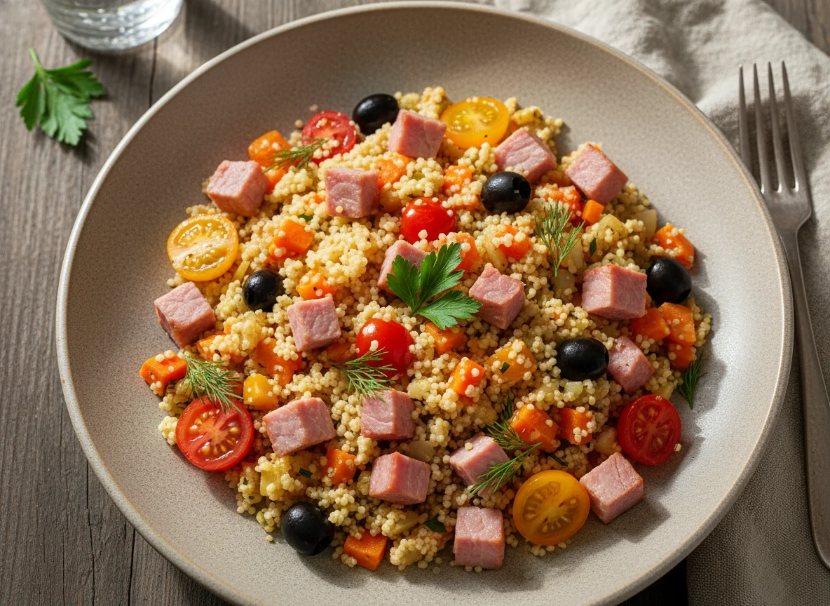 Кускус с овощами и ветчиной photo