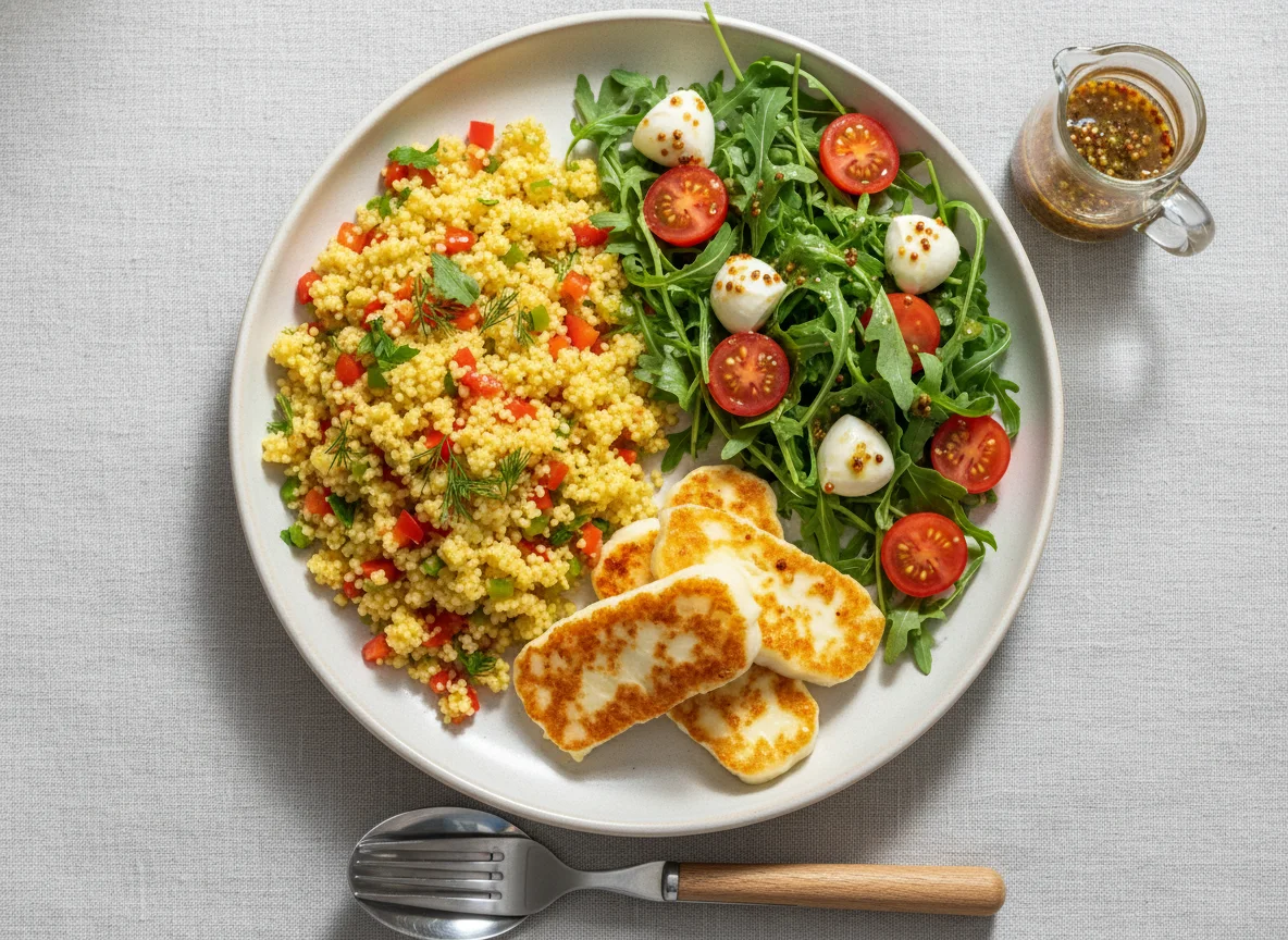 Кускус с овощами, жареный сыр и салат с рукколой, черри и моцареллой photo