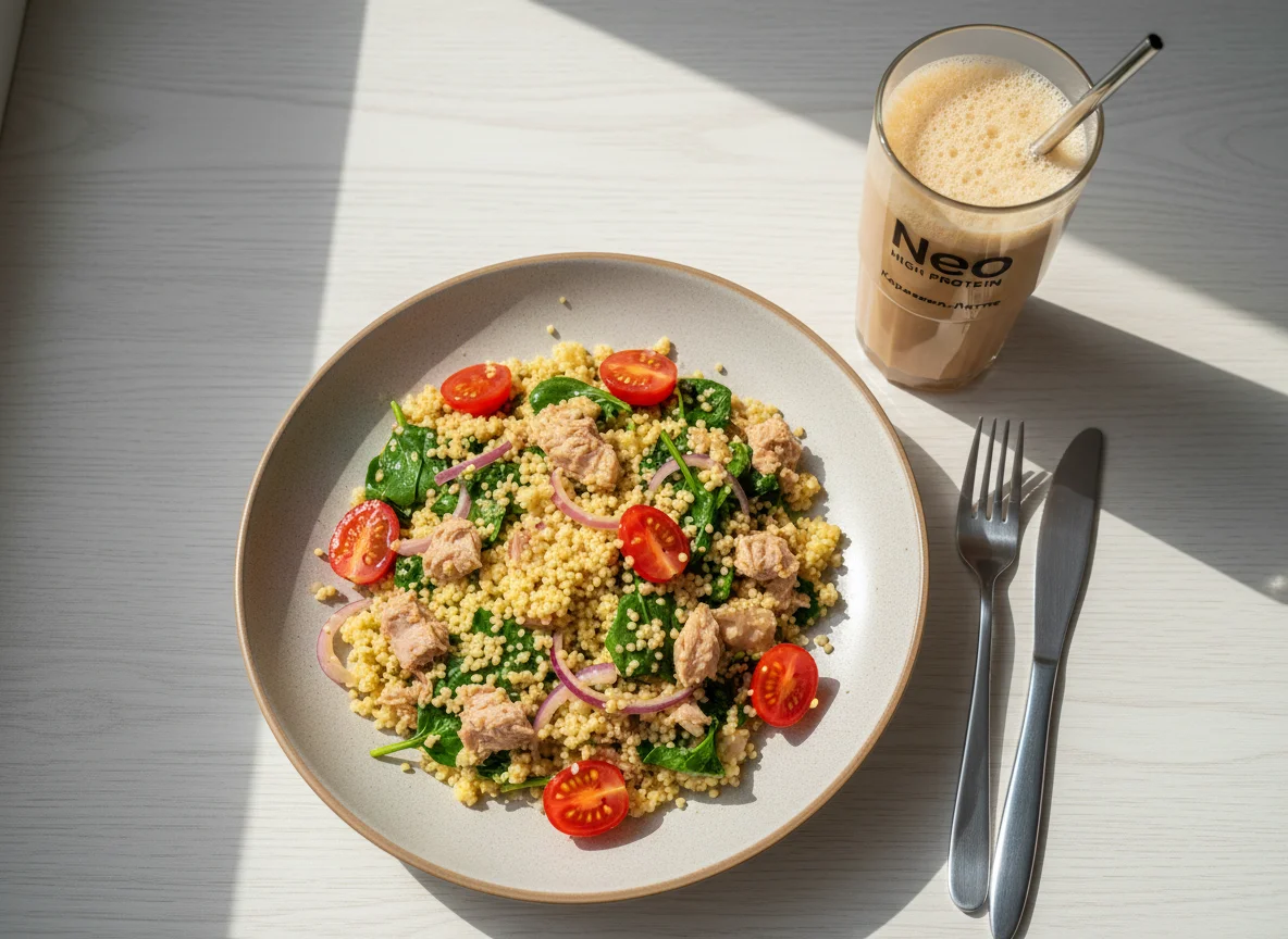 Кускус с тунцом и овощами, протеиновый напиток photo