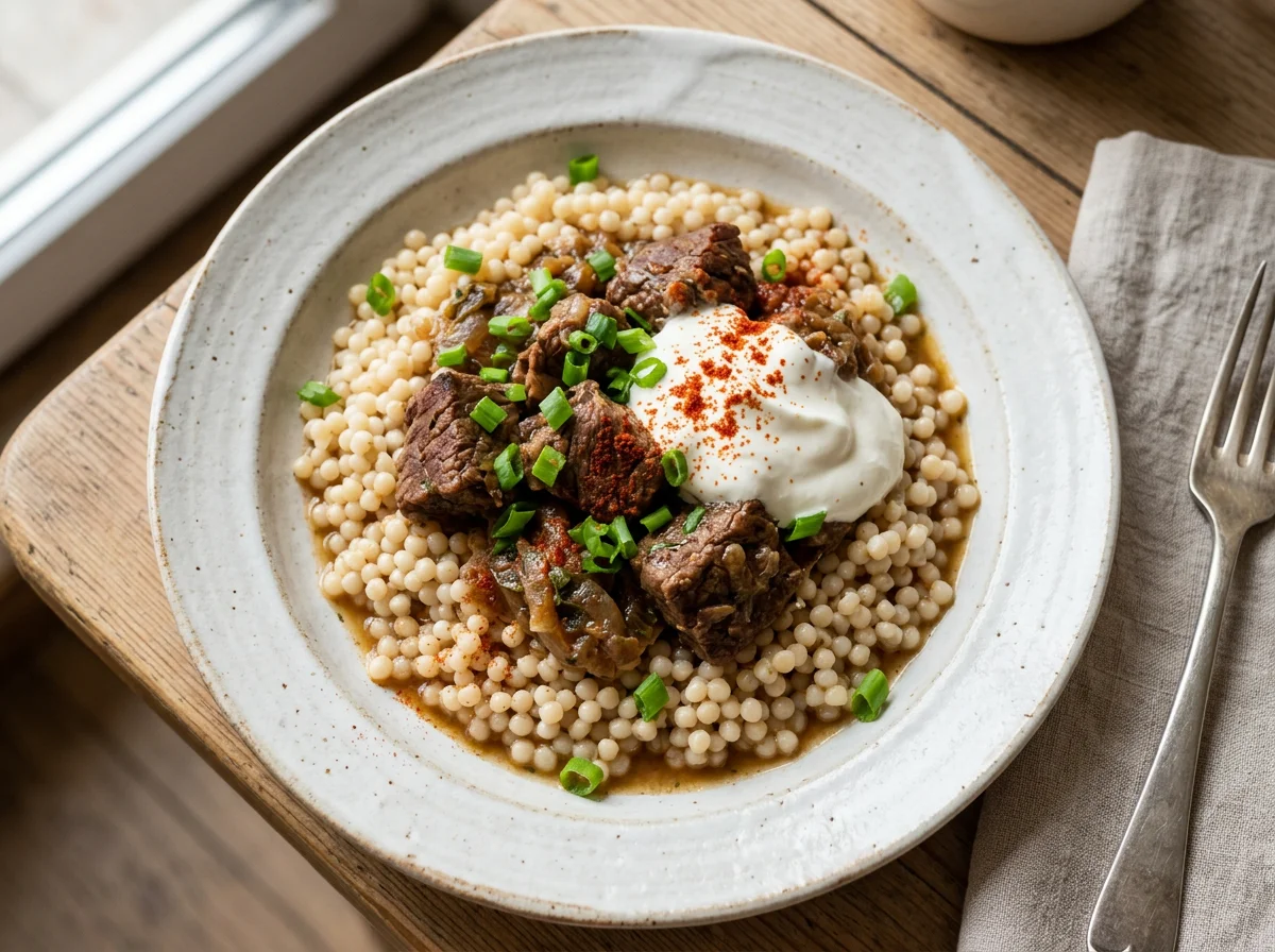 Кускус с тушеной говядиной и сметаной photo