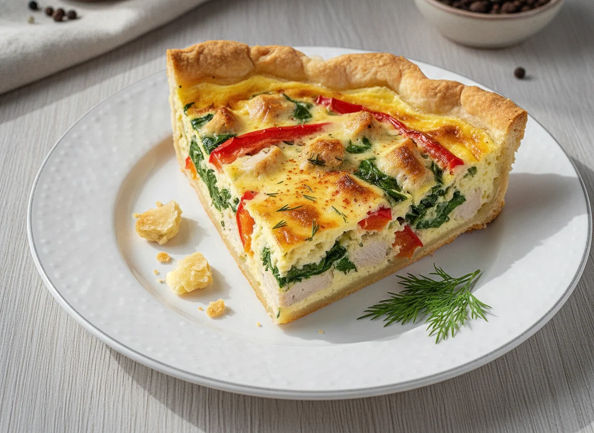 Кусочек киша с курицей, шпинатом и перцем photo
