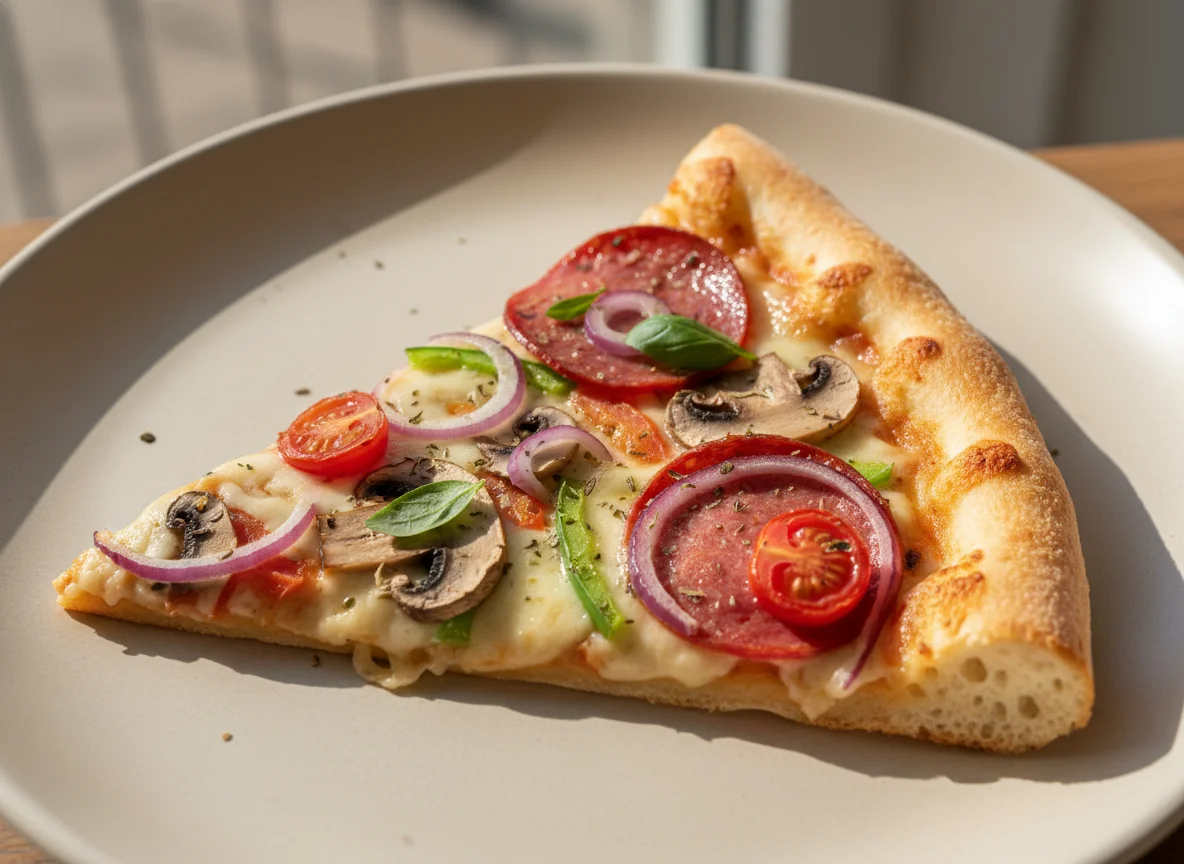 Кусочек пиццы с грибами и овощами photo