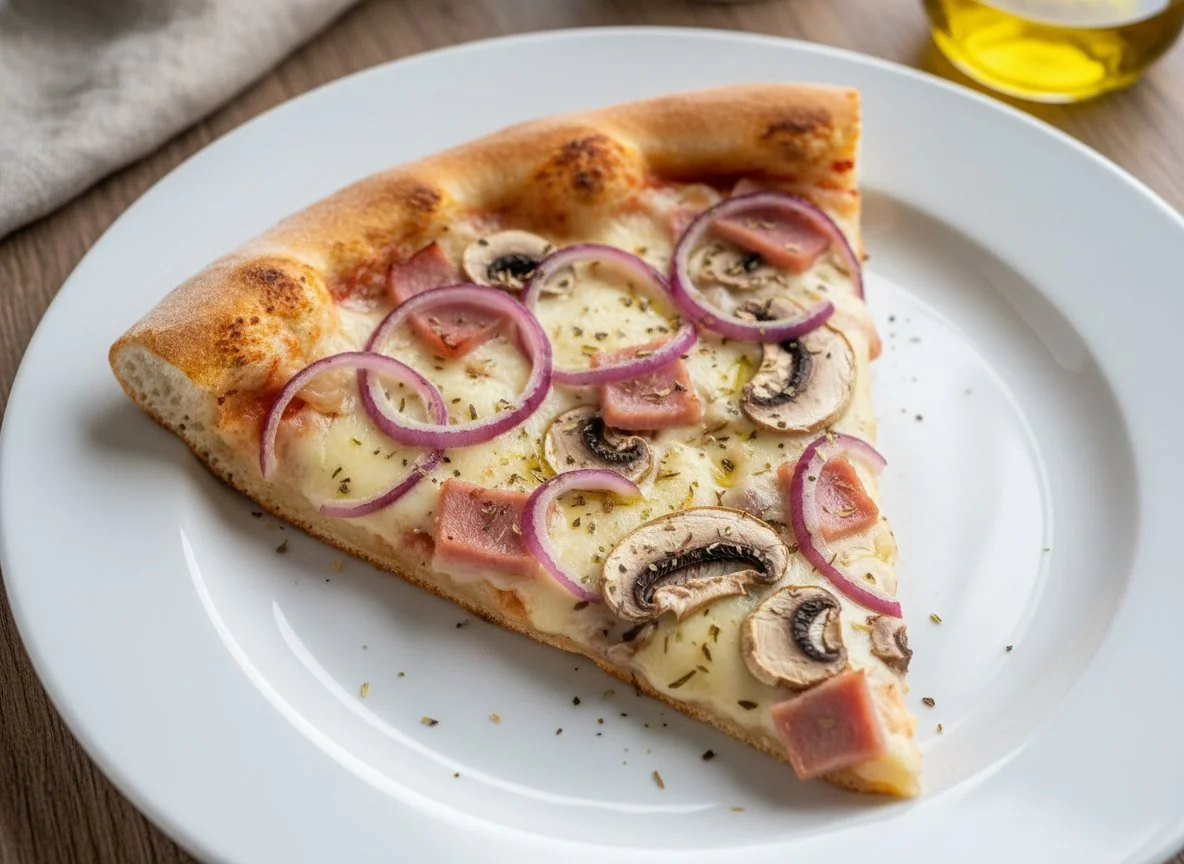 Кусочек пиццы с грибами, луком и ветчиной photo