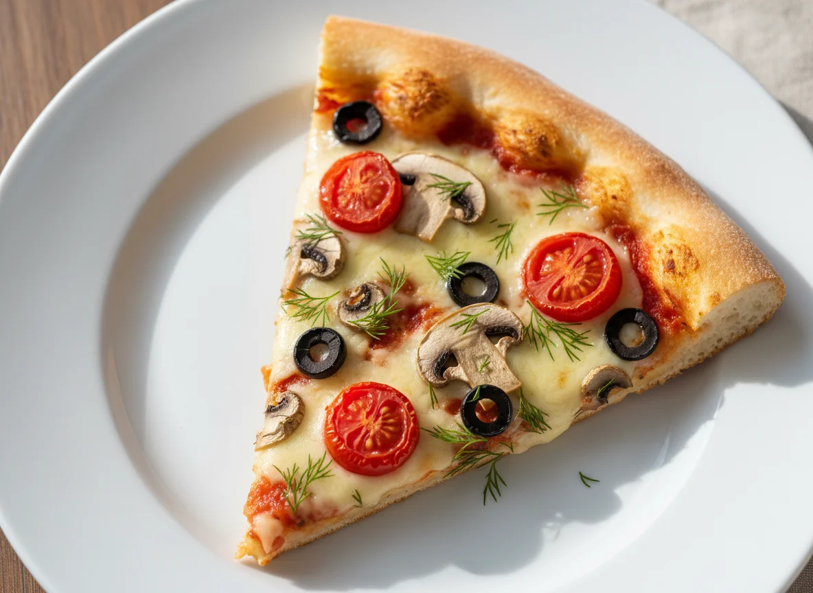 Кусочек пиццы с грибами, оливками и помидорами photo