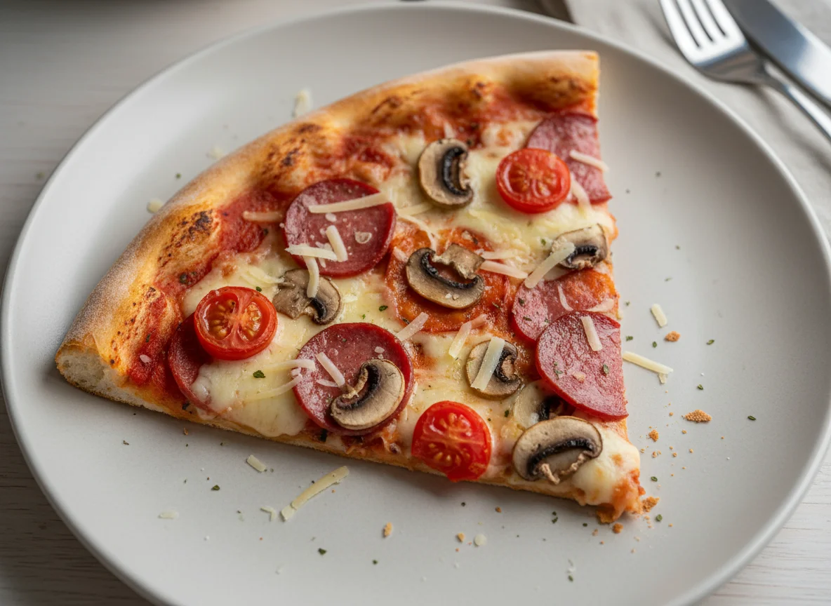 Кусочек пиццы с грибами, помидорами и сыром photo