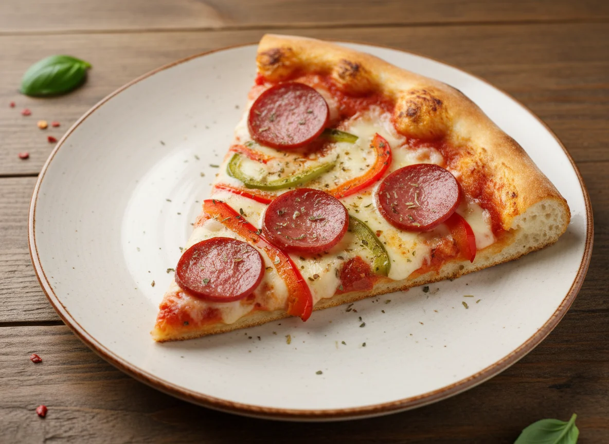 Кусочек пиццы с колбасой photo