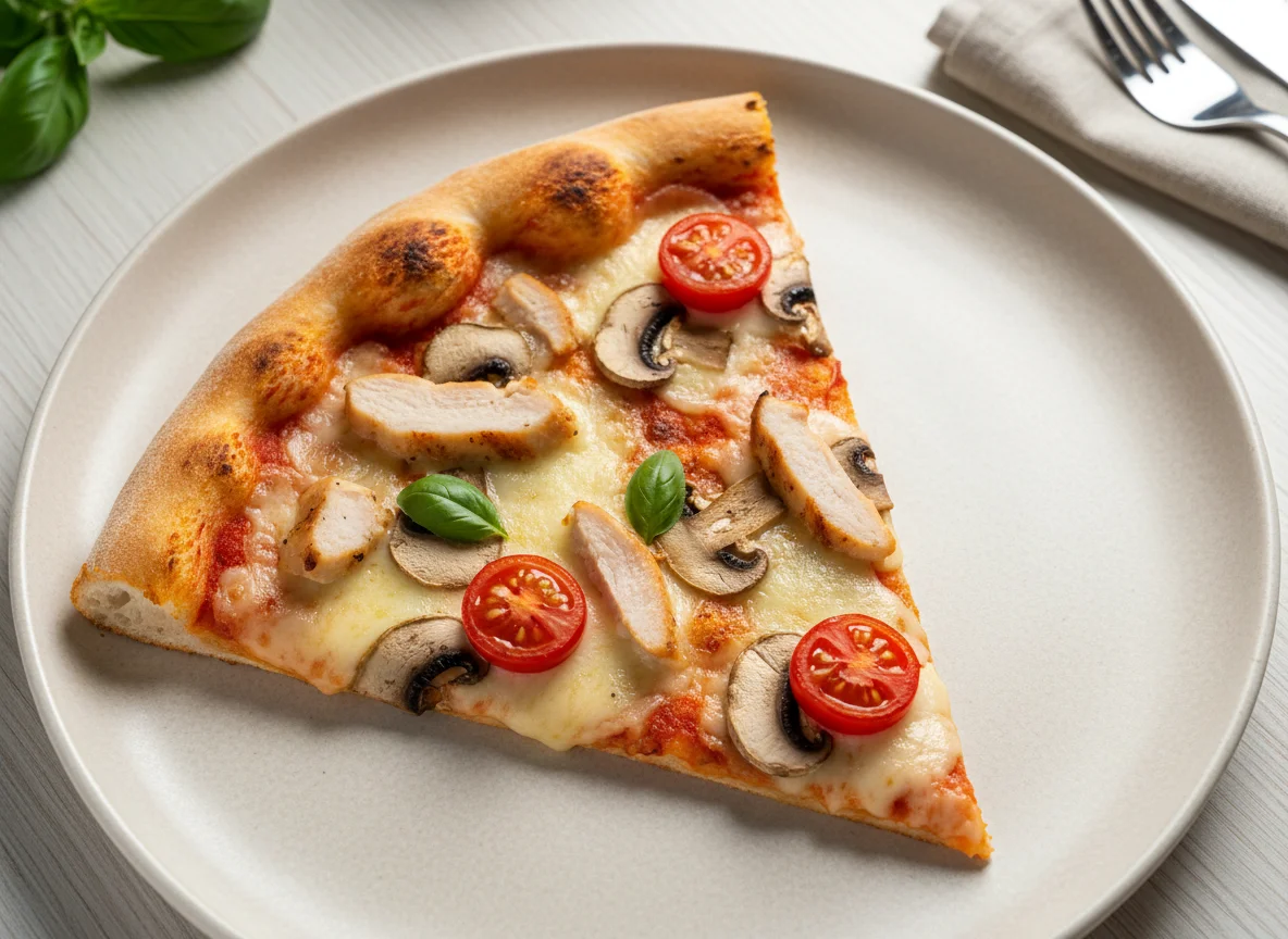 Кусочек пиццы с курицей, грибами и помидорами photo