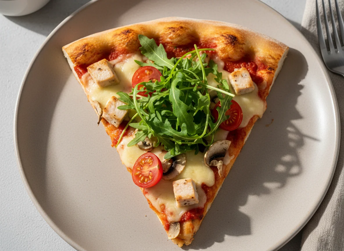 Кусочек пиццы с курицей, грибами и руколой photo