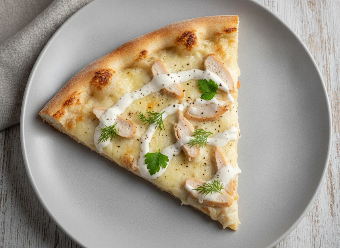 Кусочек пиццы с курицей и белым соусом photo