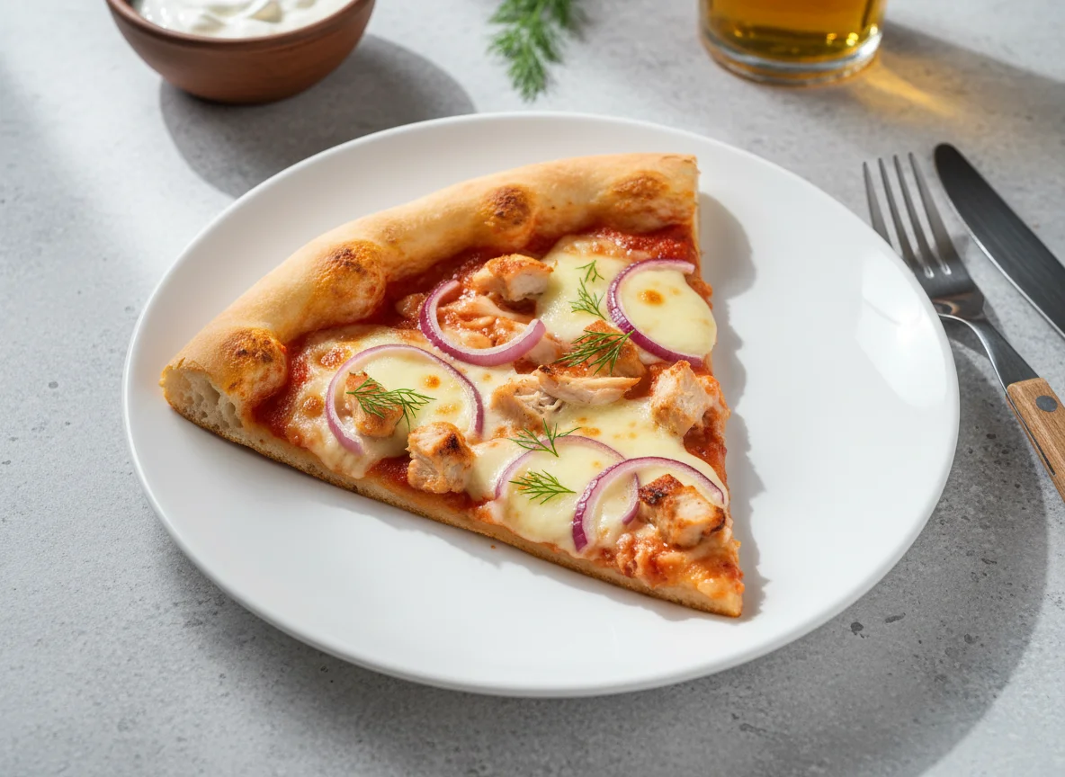 Кусочек пиццы с курицей и луком photo