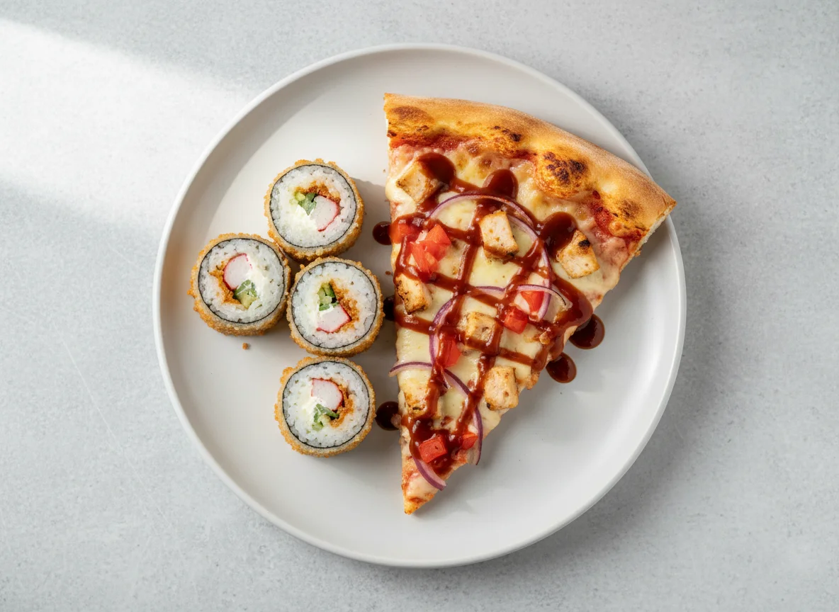 Кусочек пиццы с курицей и соусом барбекю и жареные роллы photo