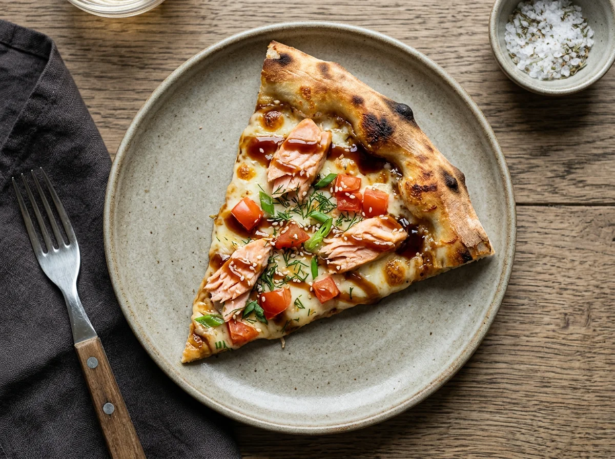 Кусочек пиццы с лососем и соусом терияки photo