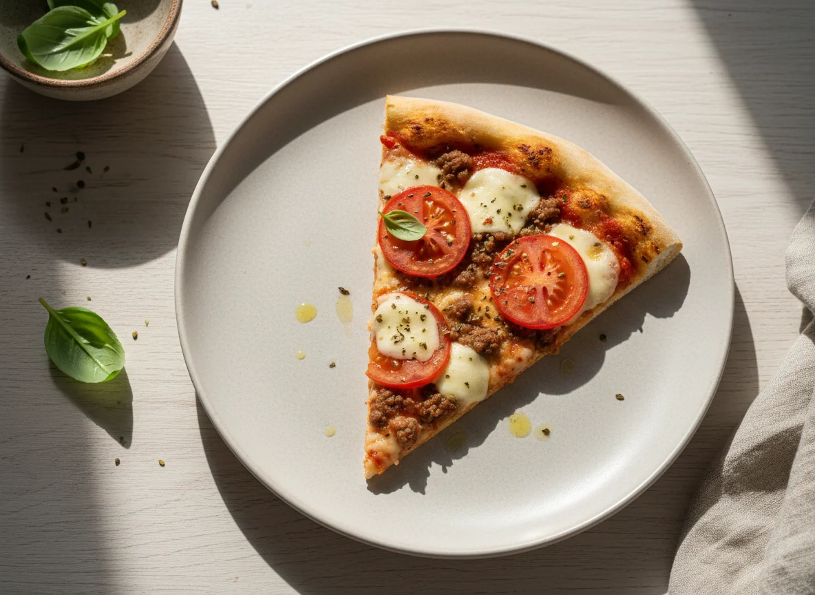 Кусочек пиццы с мясом и помидорами photo