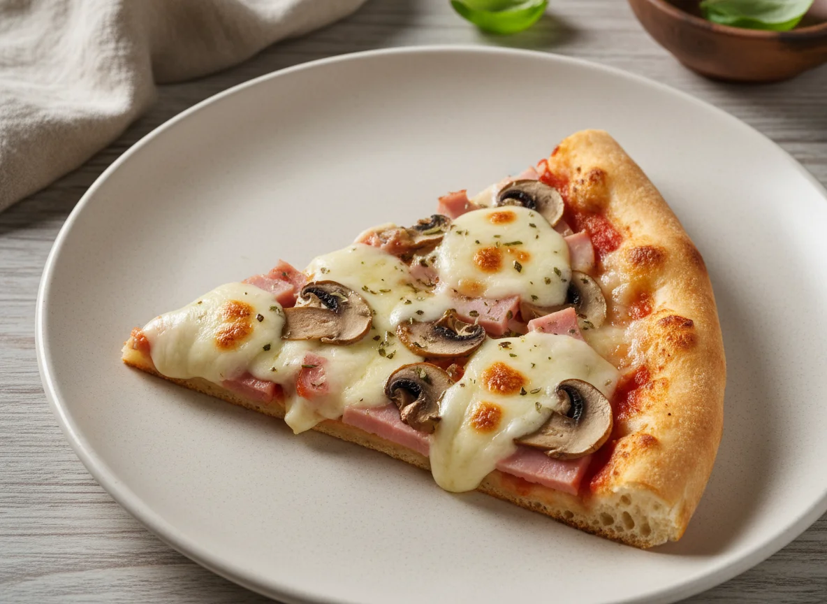 Кусочек пиццы с ветчиной и грибами photo