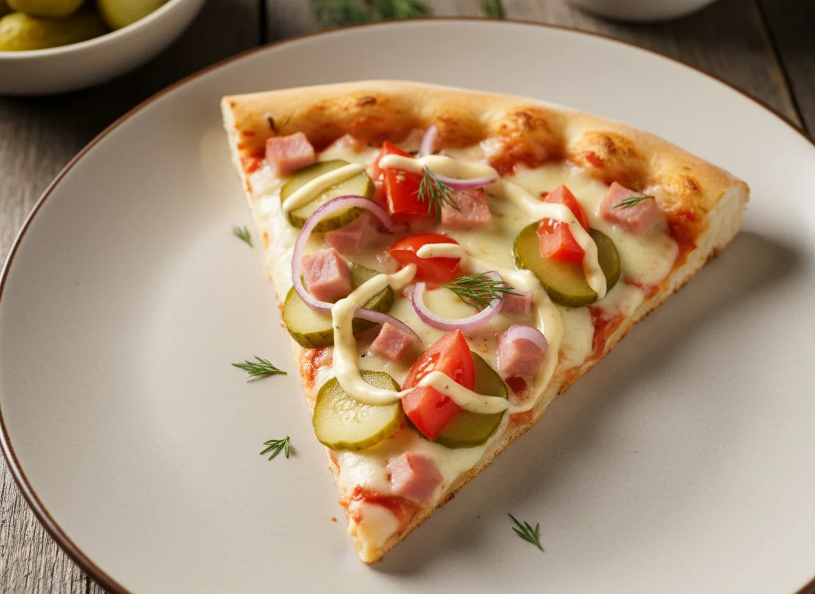 Кусочек пиццы с ветчиной, огурцами и соусом photo