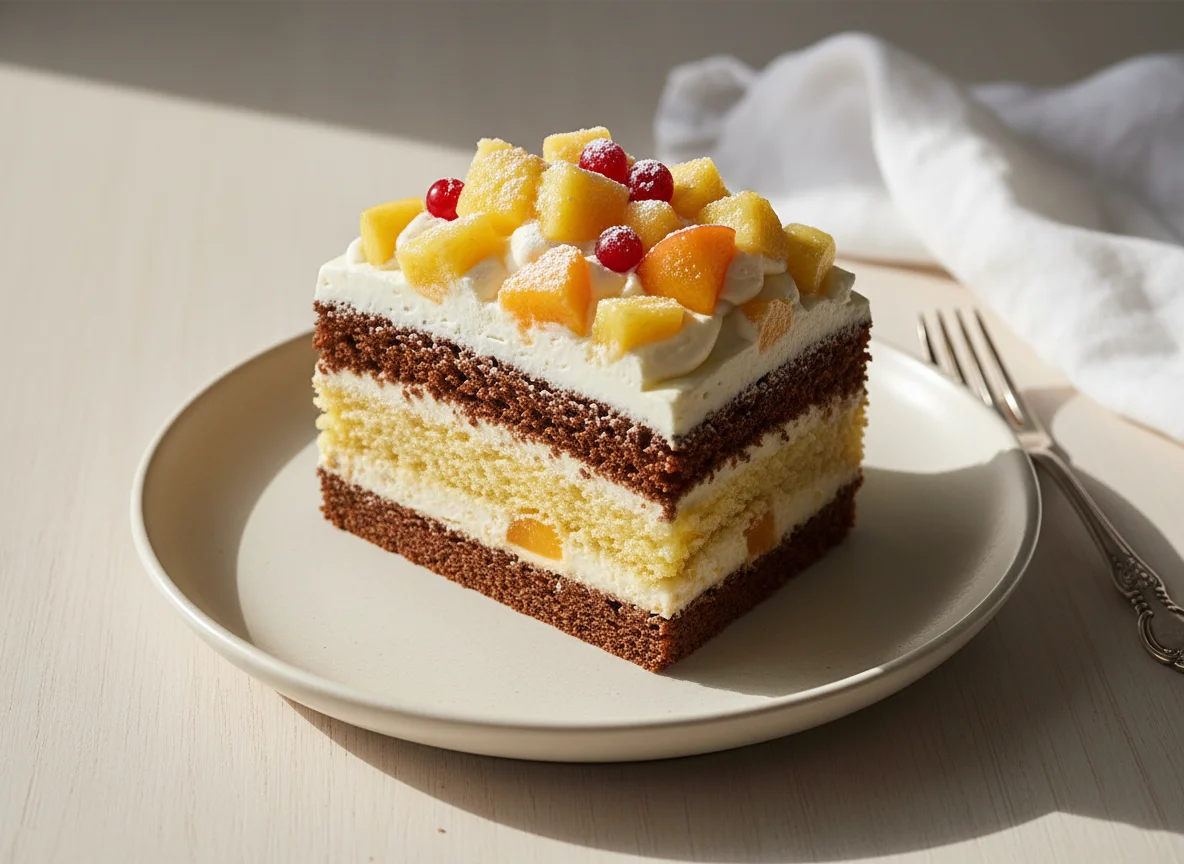 Кусочек торта с кремом и фруктами photo